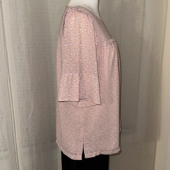 LOFT MP Blush Pink White Fuchsia Gray Floral Baby Doll Short Sleeve Blouse - Picture 6 of 10